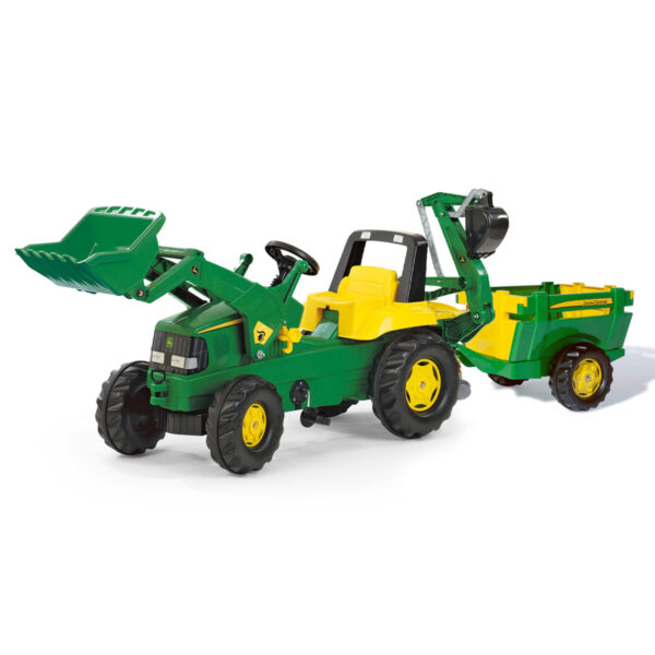 Tractor de Pedales rollyJunior John Deere con pala, excavadora y remolque de 1 eje